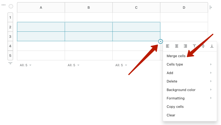 Select several cells with the mouse and in the menu select Merge.