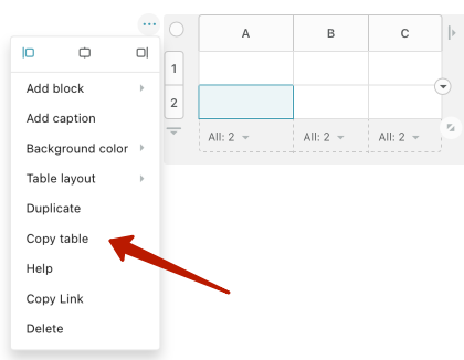 Click on the table menu and select Copy table.