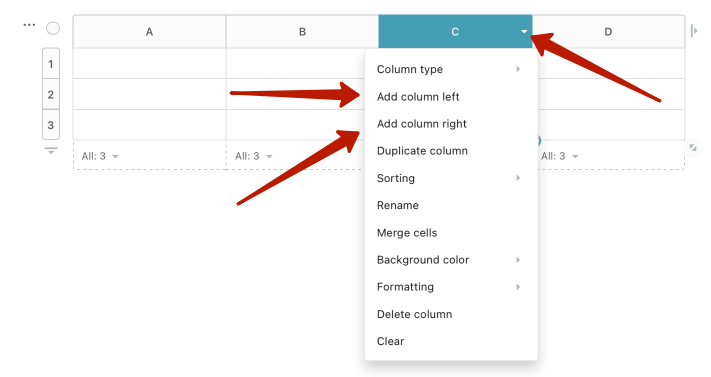 Click on the menu of any column or row and select Add New Column or Row.