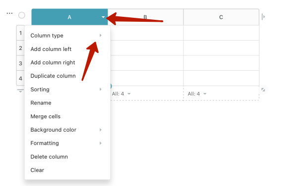 To convert a column, click on the menu arrow and select Column type