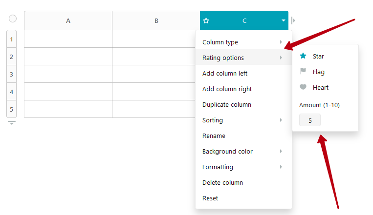 This cell is for rating certain actions or objects. By default, you can rate between 1 and 5, but this can be changed to 1 and 10 in the cell /column settings.