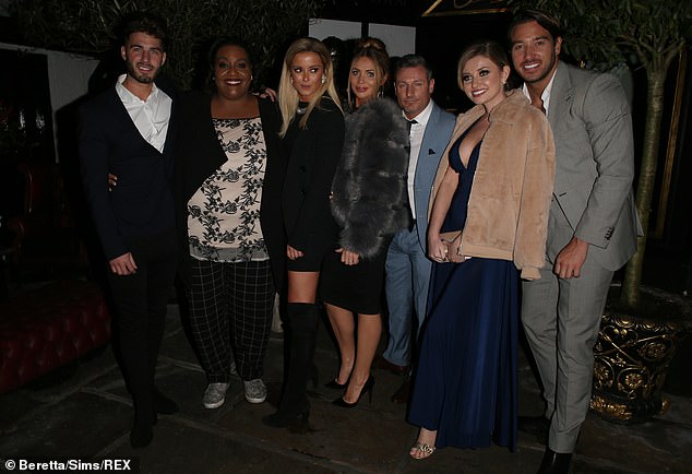 Party-time: The cast of Celebs Go Dating were certainly in the mood to party (Joshua Ritchie, Alison Hammond, Olivia, Amy Childs, Dean Gaffney, Amy Childs and James Lock L-R)