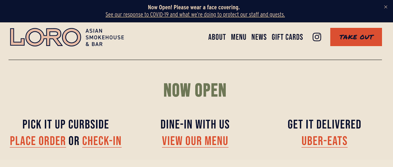 restaurant website with modified hours