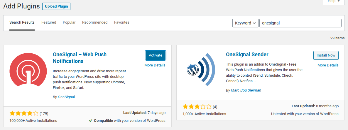 search for onesignal web push notifications plugin in wordpress dashboard