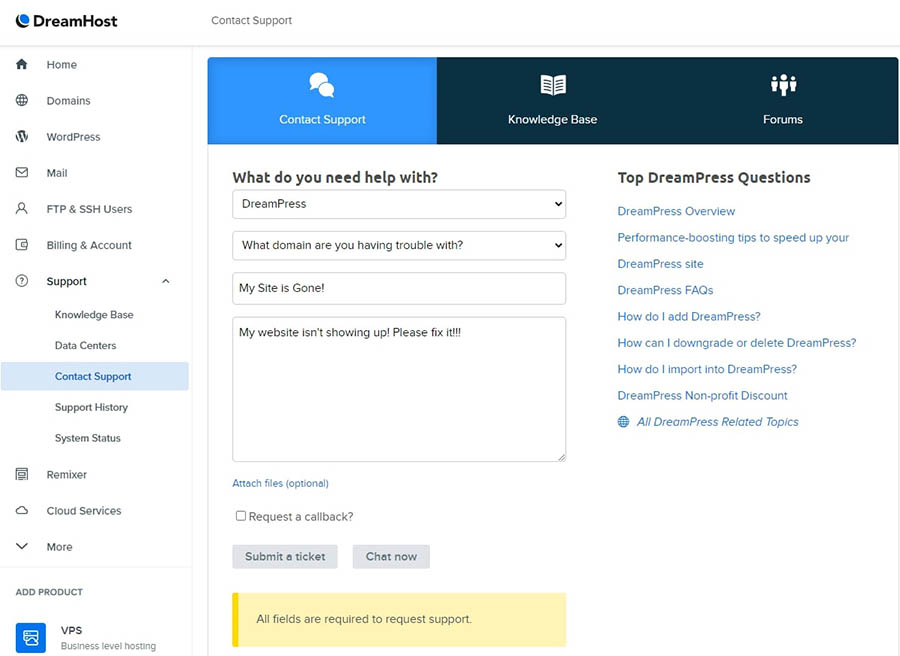 DreamHost&rsquo;s Contact Support form improperly filled out.