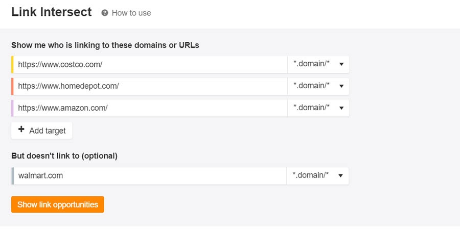 Ahrefs Link Intersect tool.