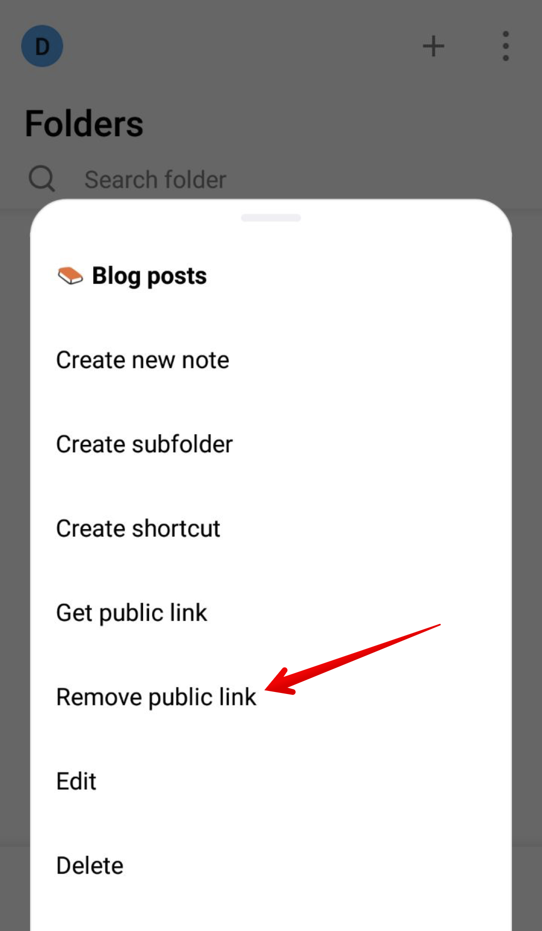 To remove a shared link from the folder / subfolders, do the following.