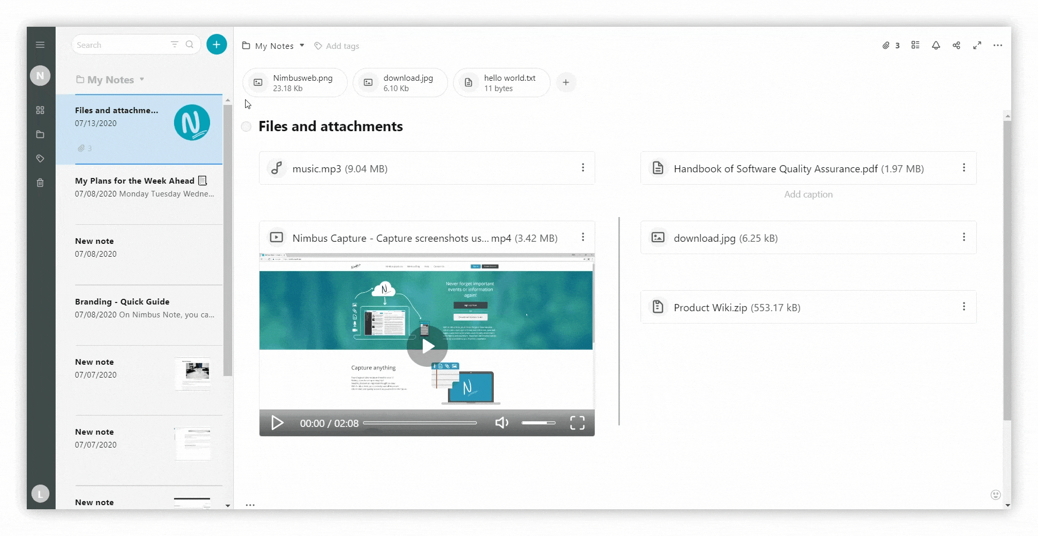 You can upload any type of file to Nimbus Note with various extensions (txt, doc, xls, pdf, mp4, mp3, etc).