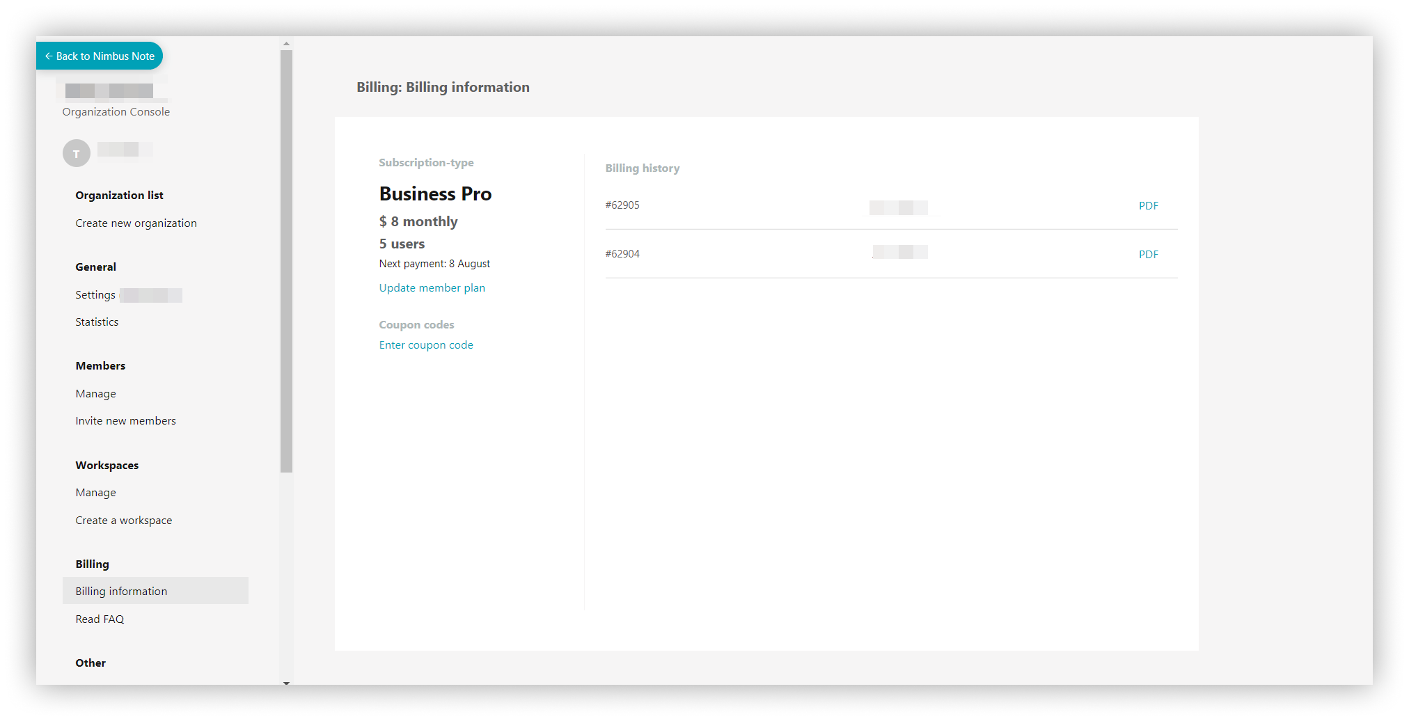 In the Billing section you will have access to information about the subscription and billing history.