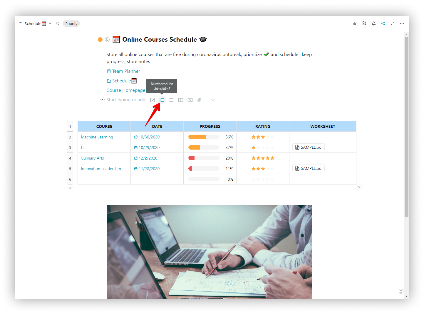 Create numbered lists in a page. Just select the numbered list icon on the panel or use cmd/ctrl + shift + 7.