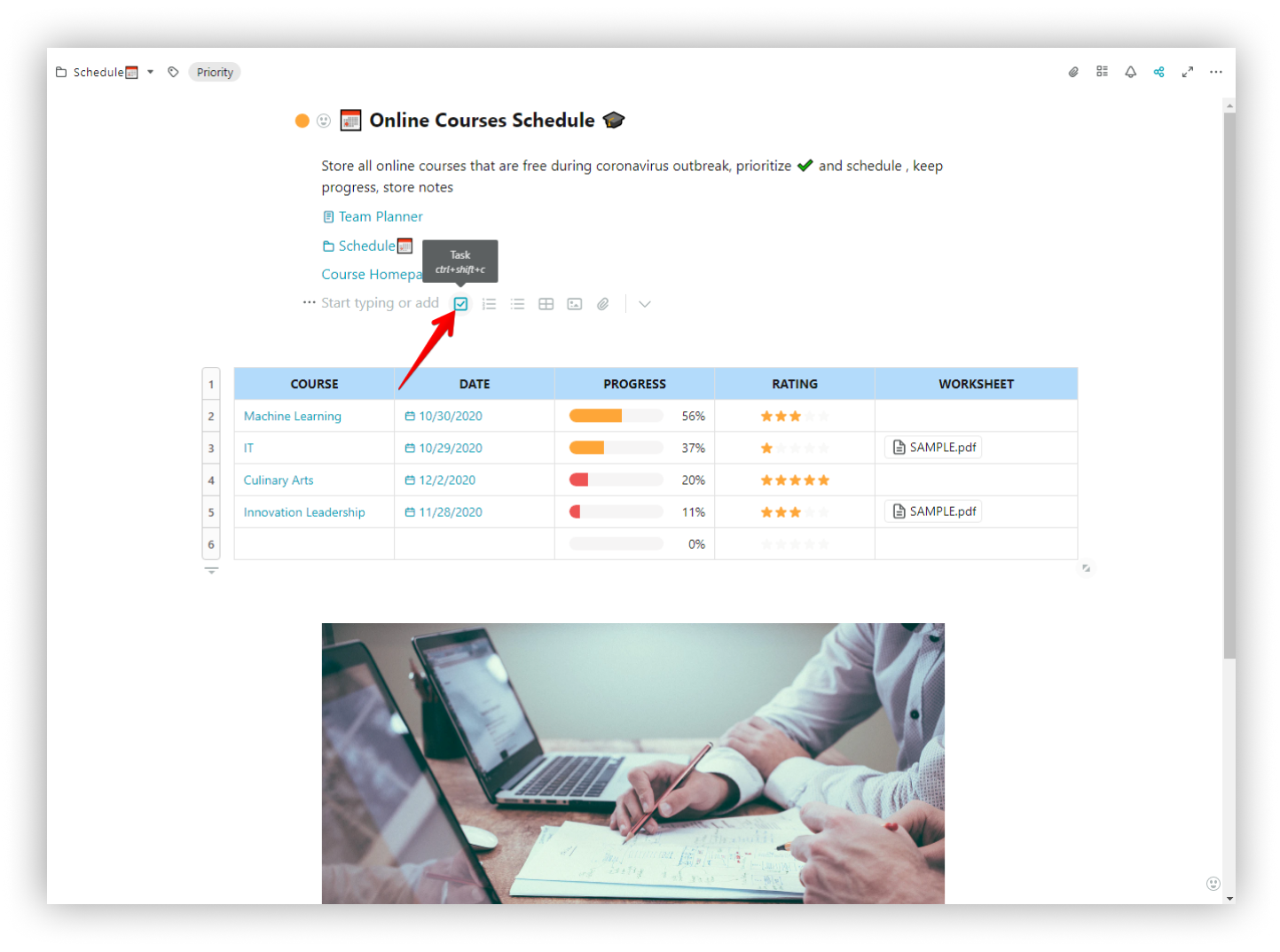 Create tasks in a page by selecting the checkbox icon on the panel or using cmd/ctrl + shift + c.