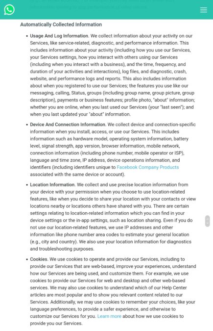 whatsapp privacy policy