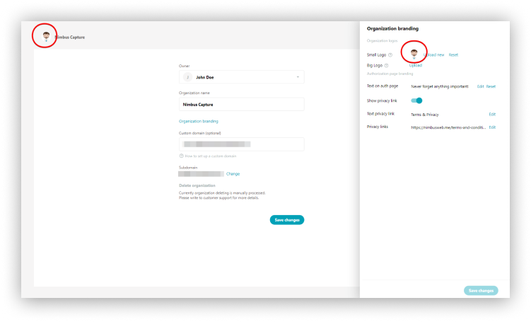 Upload small logo to display the logo in the organization settings, embedded objects, etc.