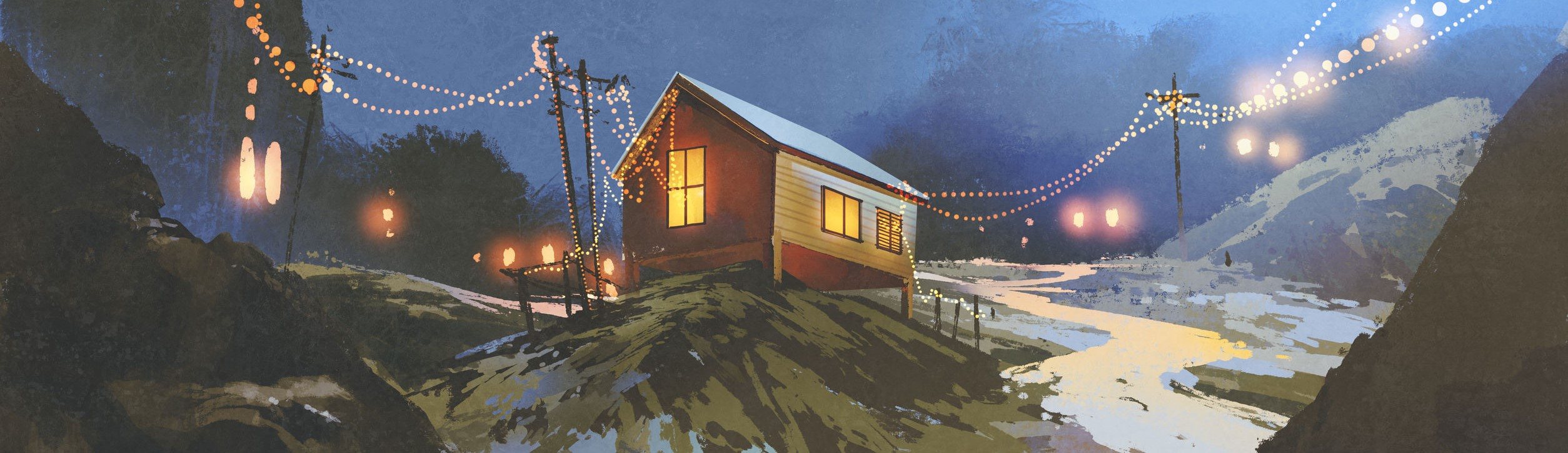 night scenery of wooden houses in the mountain in winter, illustration painting