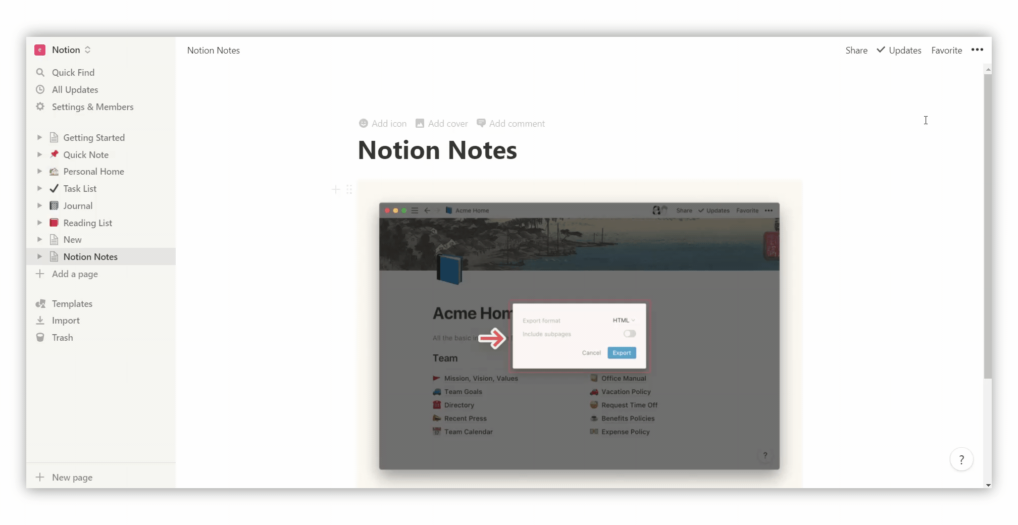 How to export a page to HTML in Notion?