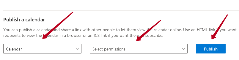 Select the calendar that you want to add to the page, then choose the desired permission level and click on Publish 