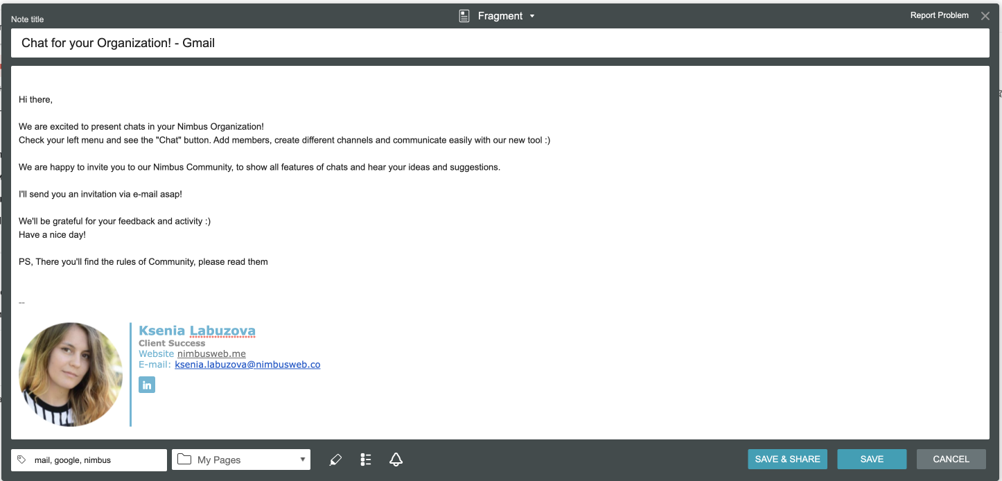 On the page preview screen you can change the title or text of the article, add tags, to-dos, reminders, and change the workspace and folder of the page that will be saved.