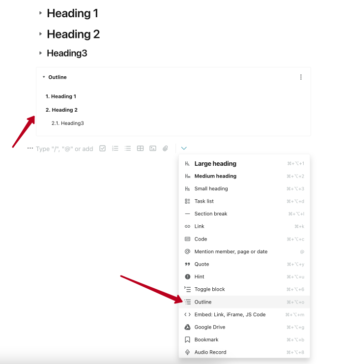 Just select the Outline object in the menu and the Table of content with heading will be added to the desired place.