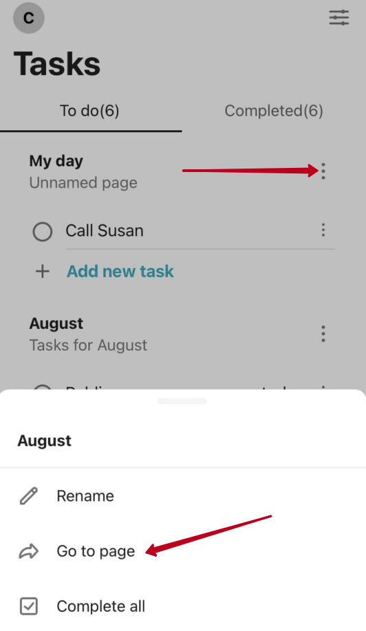 If you want to navigate to the page, just tap on the task list name and select the Go to page option in the menu that appears.