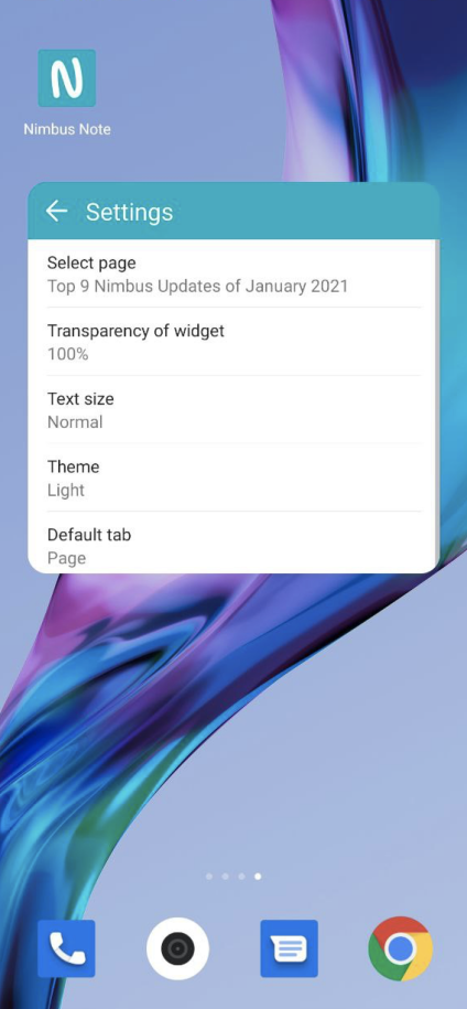 Selecting the desired note, widget transparency, text size and other information can be configured through the Settings screen.