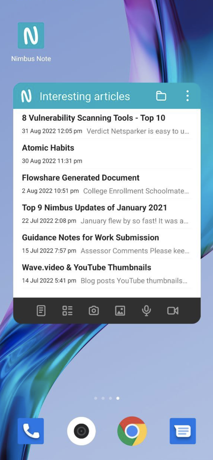 Notes list widget allows to view a list of notes from any folder, as well as quickly navigate to note by tapping on it.